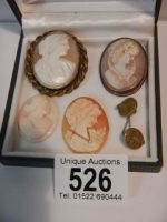 Two cameo brooches, two un-mounted cameos and one other item.